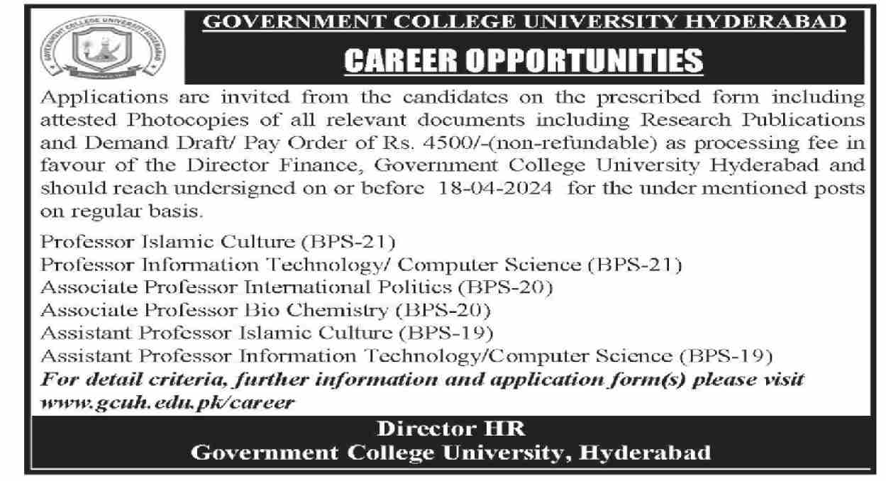 Teaching Vacancies 2024 in Govt College University Hyderabad