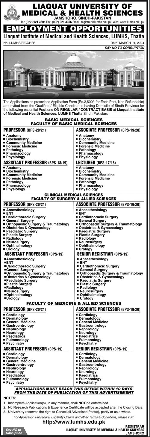 Teaching Vacancies in LUMHS Jamshoro 2024