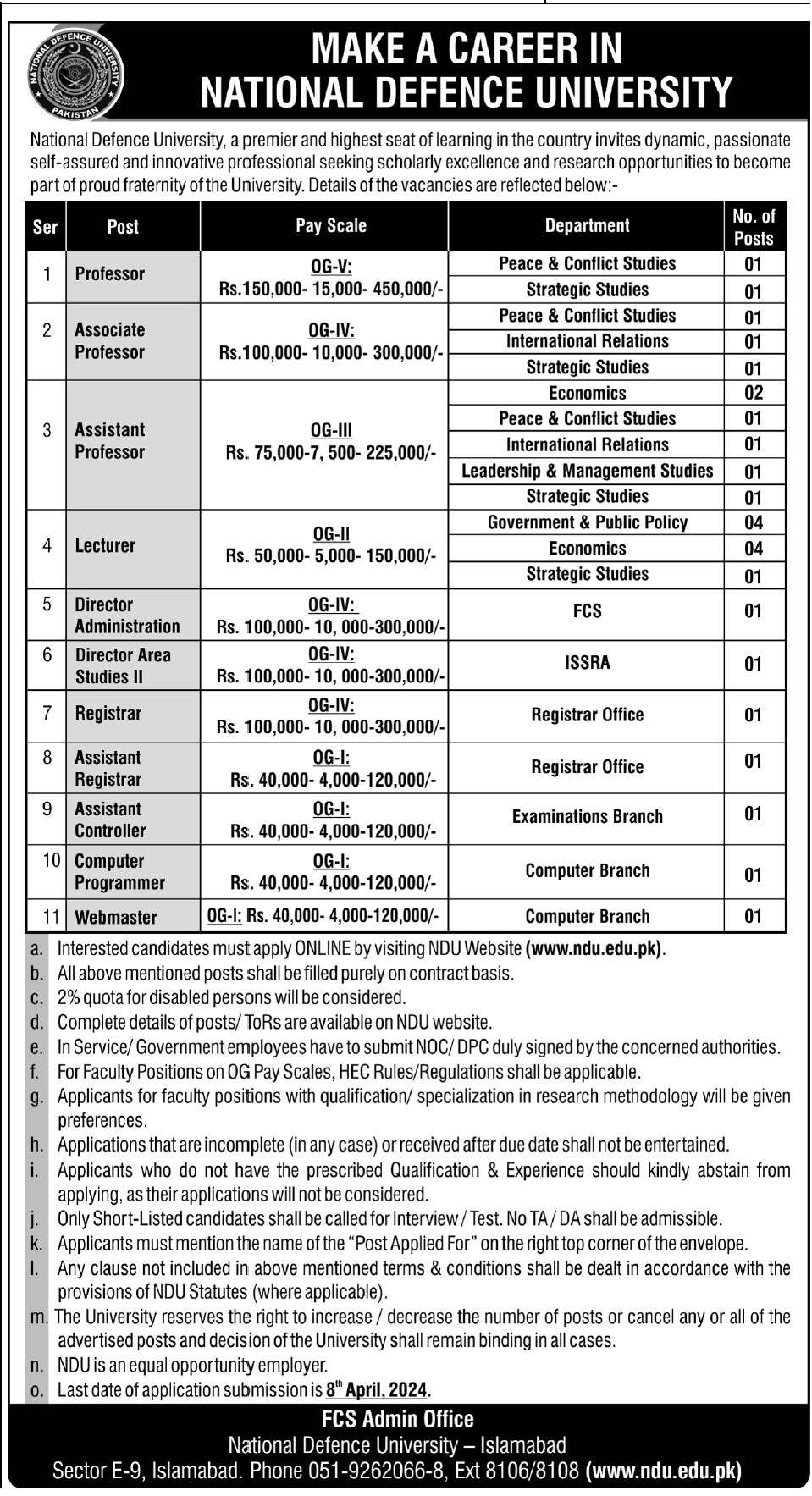 The Latest NDU Teaching and NTS Vacancies 2024