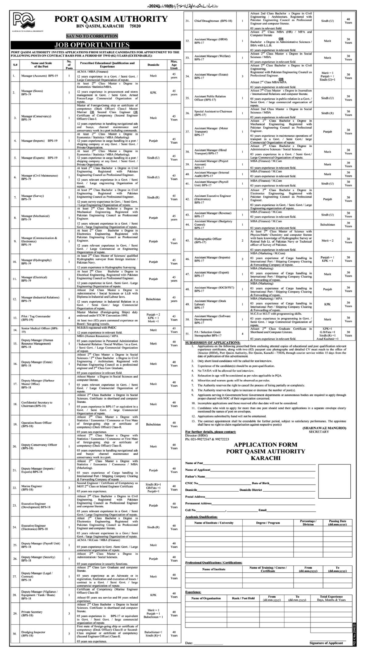 The Latest Port Qasim Authority Vacancies 2024