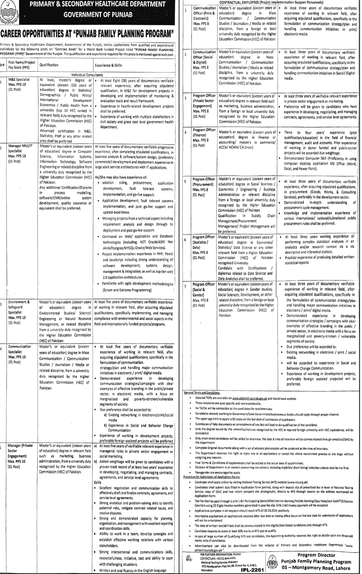 The Latest Vacancies at PUNJAB FAMILY PLANING PROGRAM 2024