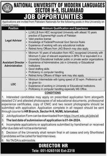 The Latest Vacancies in NUML Islamabad 2024