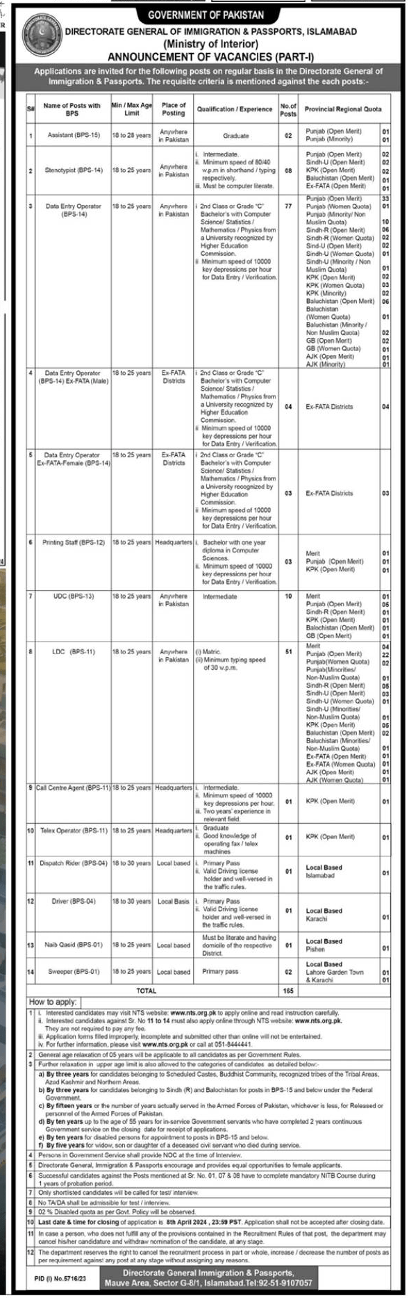 Vacancies in DG Immigration & Passports Islamabad through NTS