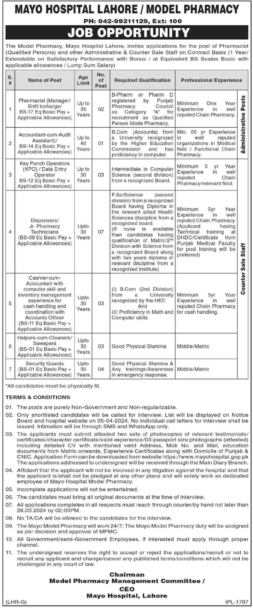 Vacancies in Mayo Hospital Model Pharmacy 2024