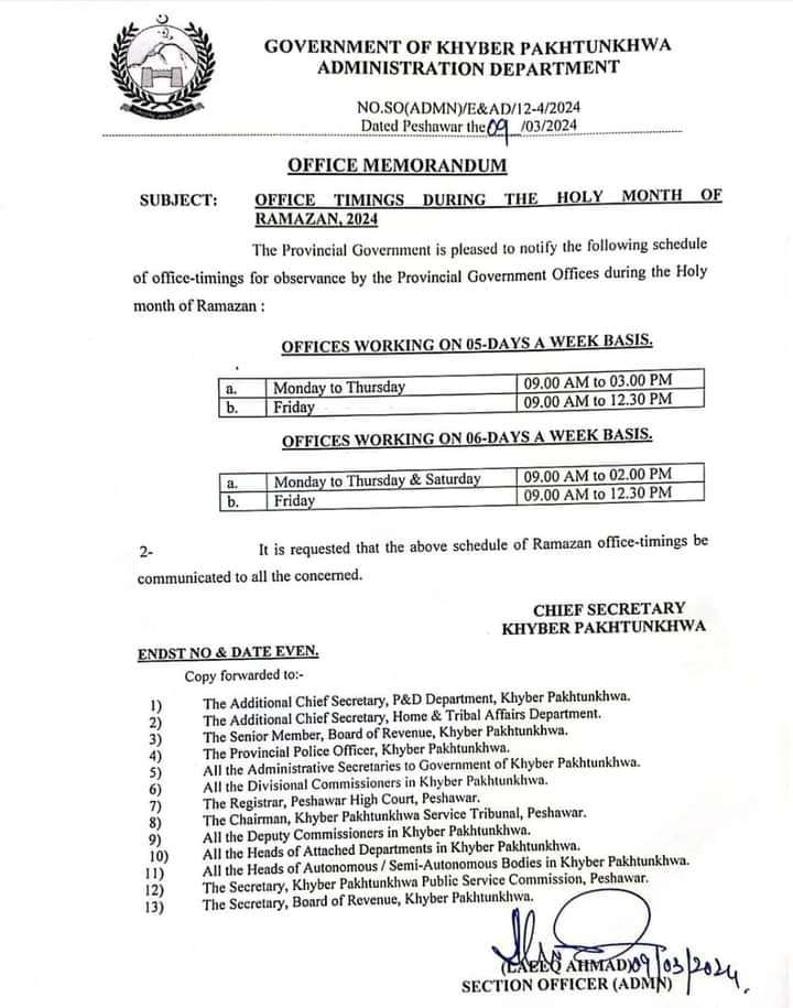 kpk ramzan Timings of Offices 