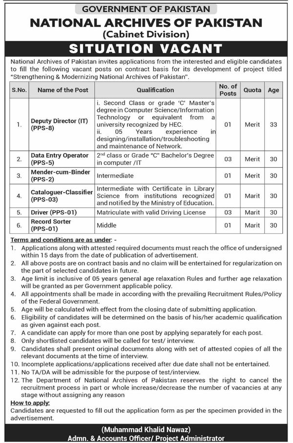 The Latest vacancies in National Archives of Pakistan (Cabinet Division)