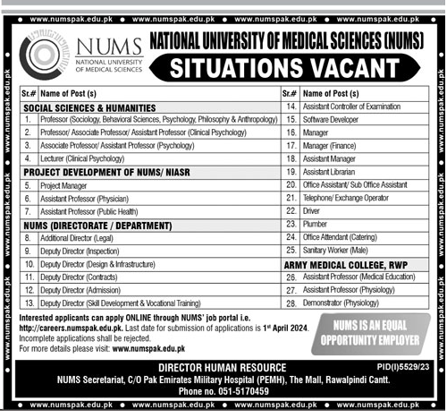 vacancies in National University of Medical Sciences (NUMS) 2024