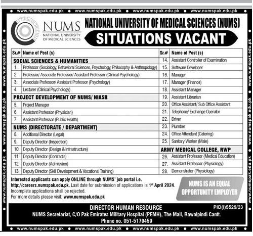 vacancies in National University of Medical Sciences (NUMS) 2024