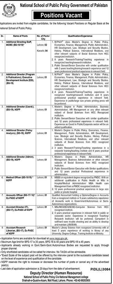 BPS-17 to BPS-19 Vacancies in NSPP Govt of Pakistan