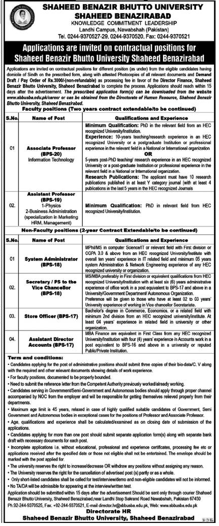 BPS-17 to BPS-20 Vacancies in SBB University 2024