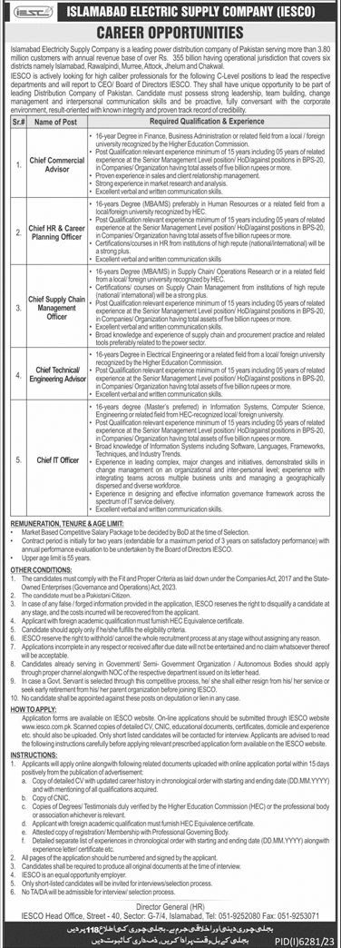 C-Level Vacancies in IESCO Islamabad 2024