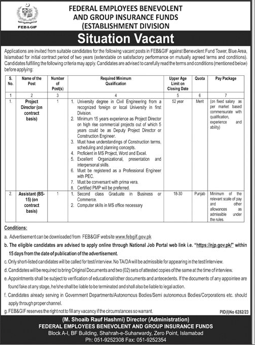 Contract Basis FEB & GIF Vacancies 2024