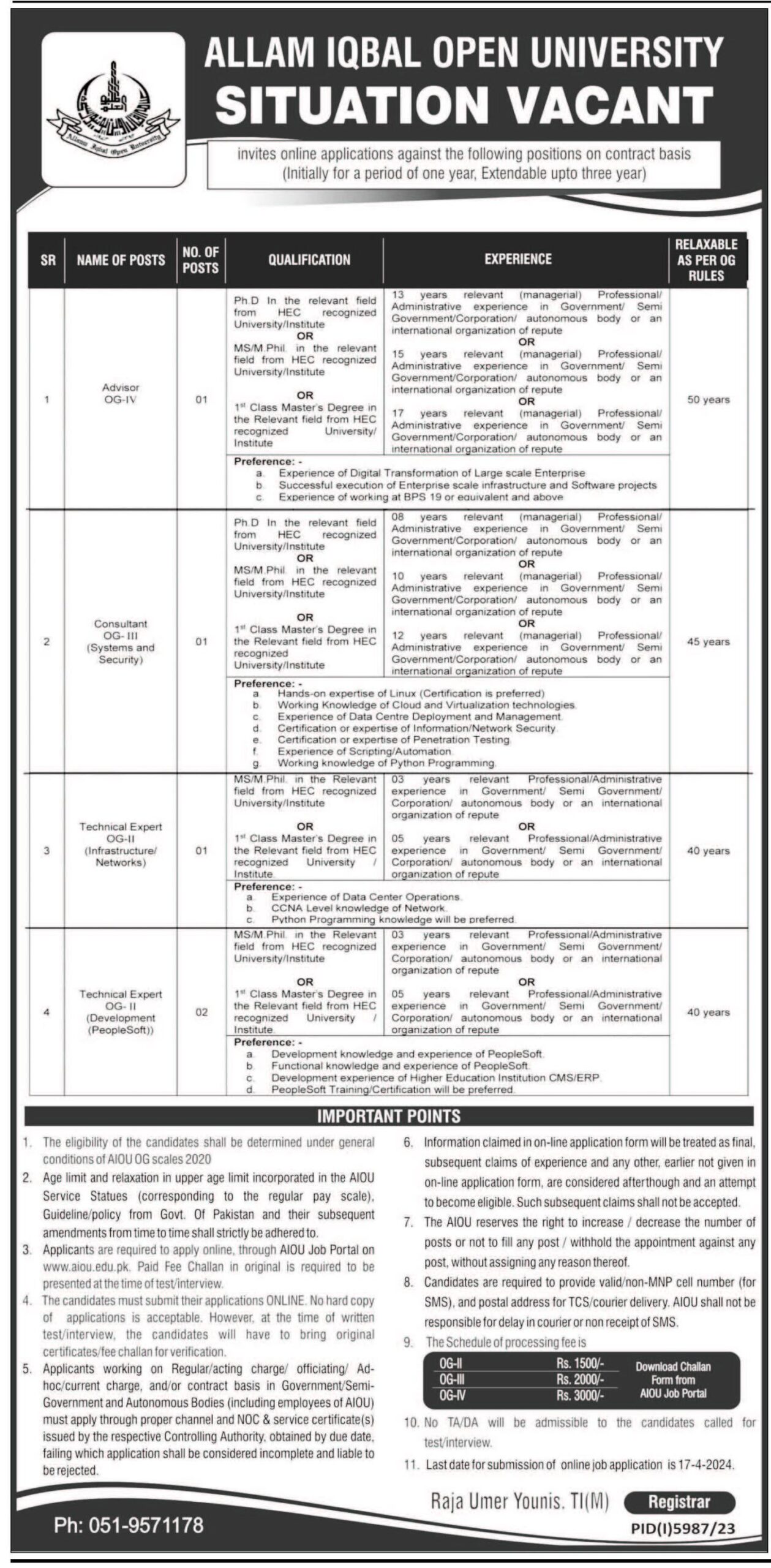 Contractual Vacancies in AIOU Islamabad 2024