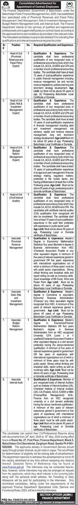 Contractual Vacancies in Finance Department Balochistan