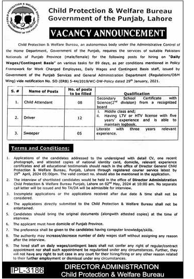Daily Wages Contingent Basis Vacancies in Punjab Government Child Protection & Welfare Bureau