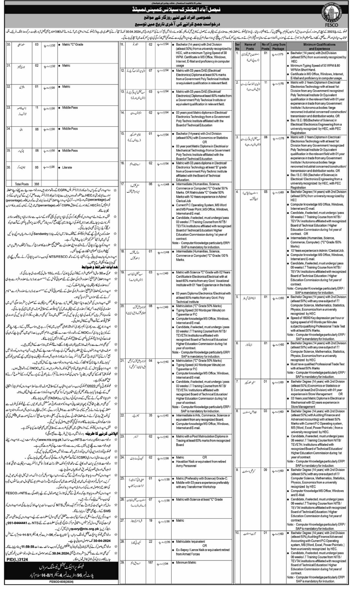 Lump Sum Pay Package FESCO Vacancies 2024 for Special Persons