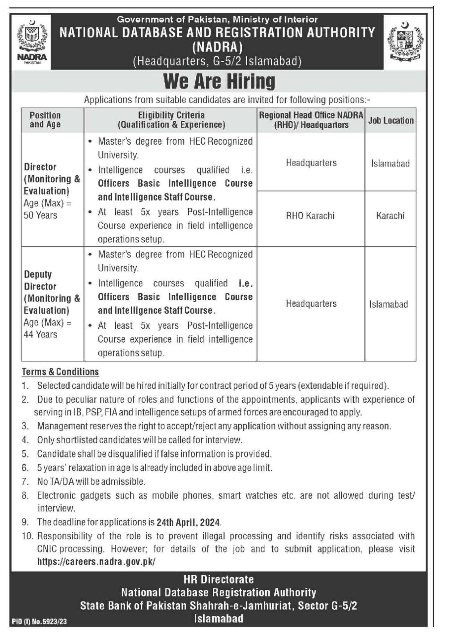 Ministry of Interior NADRA Vacancies 2024