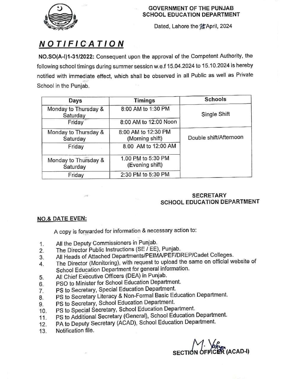 School Timings Punjab Schools Summer 2024 