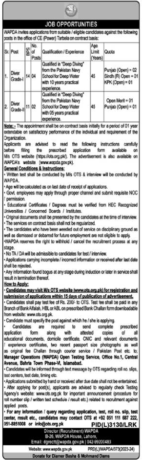 Security Officer, Stenos, Drivers and Clerks Vacancies in WAPDA 2024