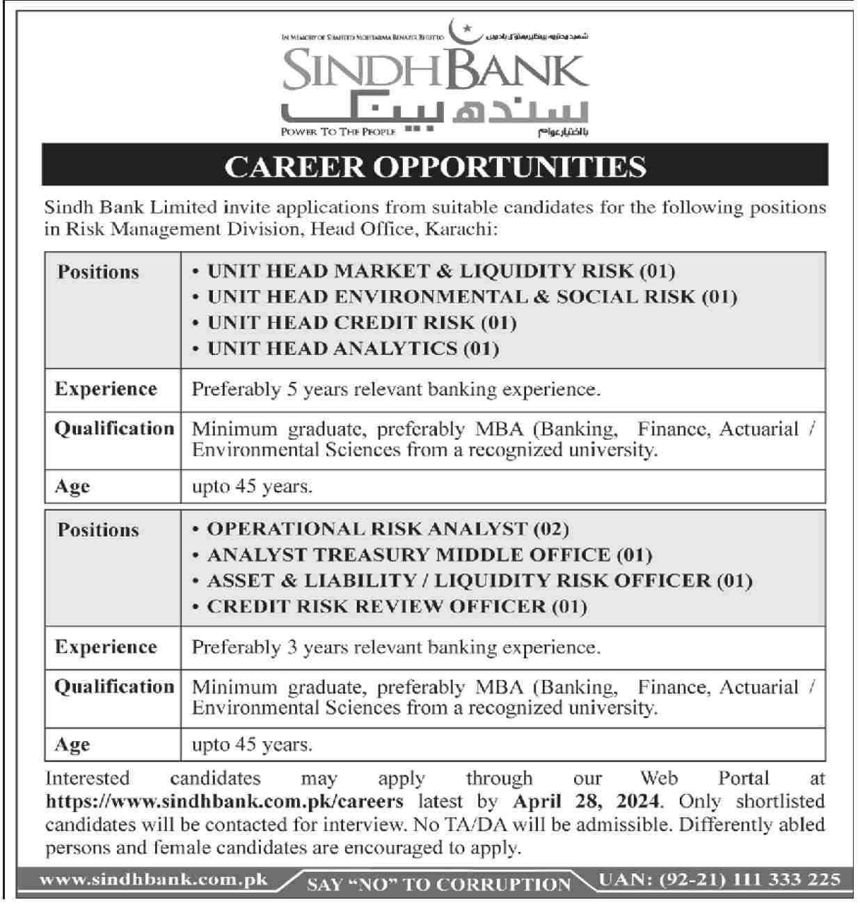 Sindh Bank Limited Vacancies 2024