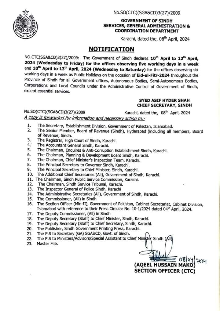 Sindh Govt Eid-ul-Fitr Holidays 2024