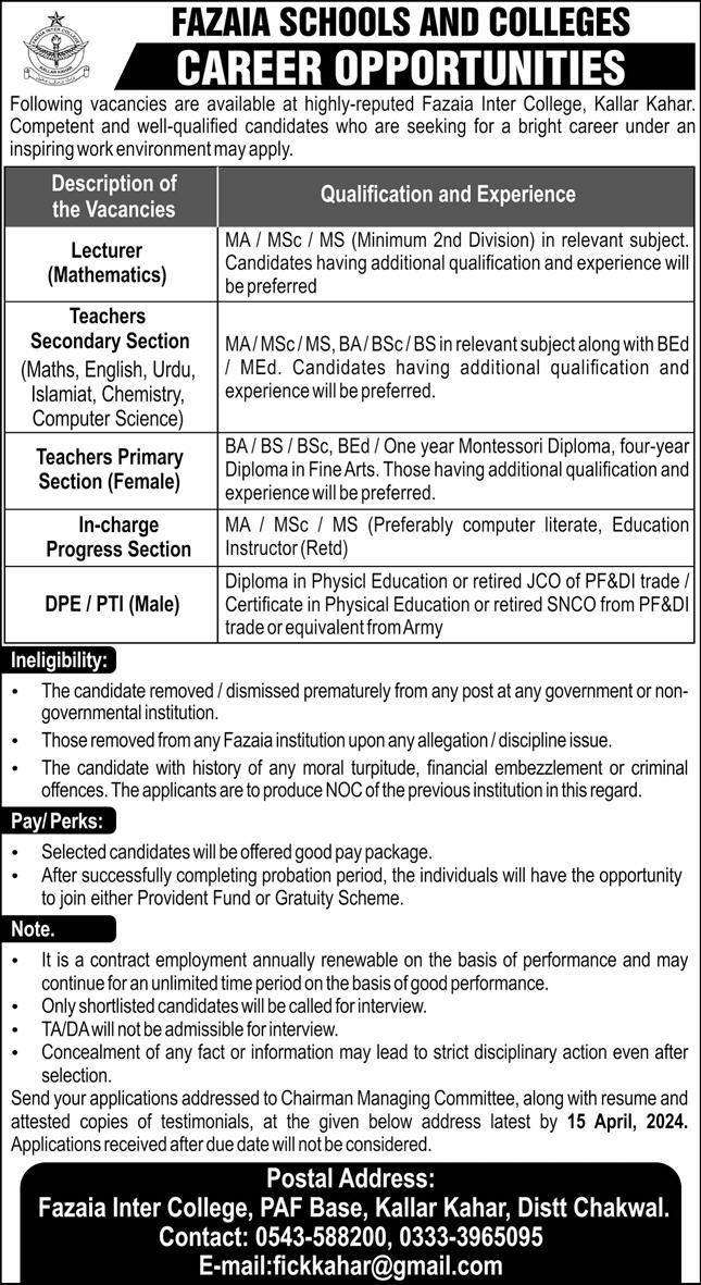 Teaching Vacancies in Fazaia Schools and Colleges