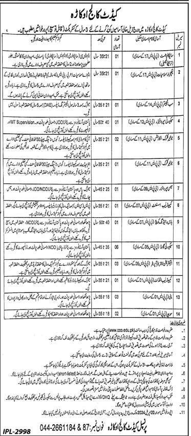 The Latest Contractual Vacancies 2024 in Cadet College Okara