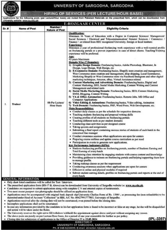 Trainers Vacancies Per Lecturer Hour Basis in SU