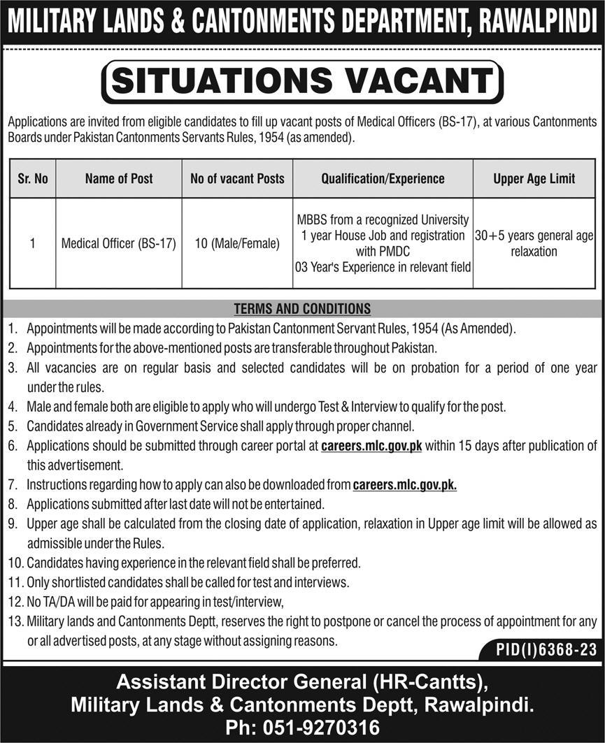 Vacancies in Military Lands & Cantonments Department Rawalpindi