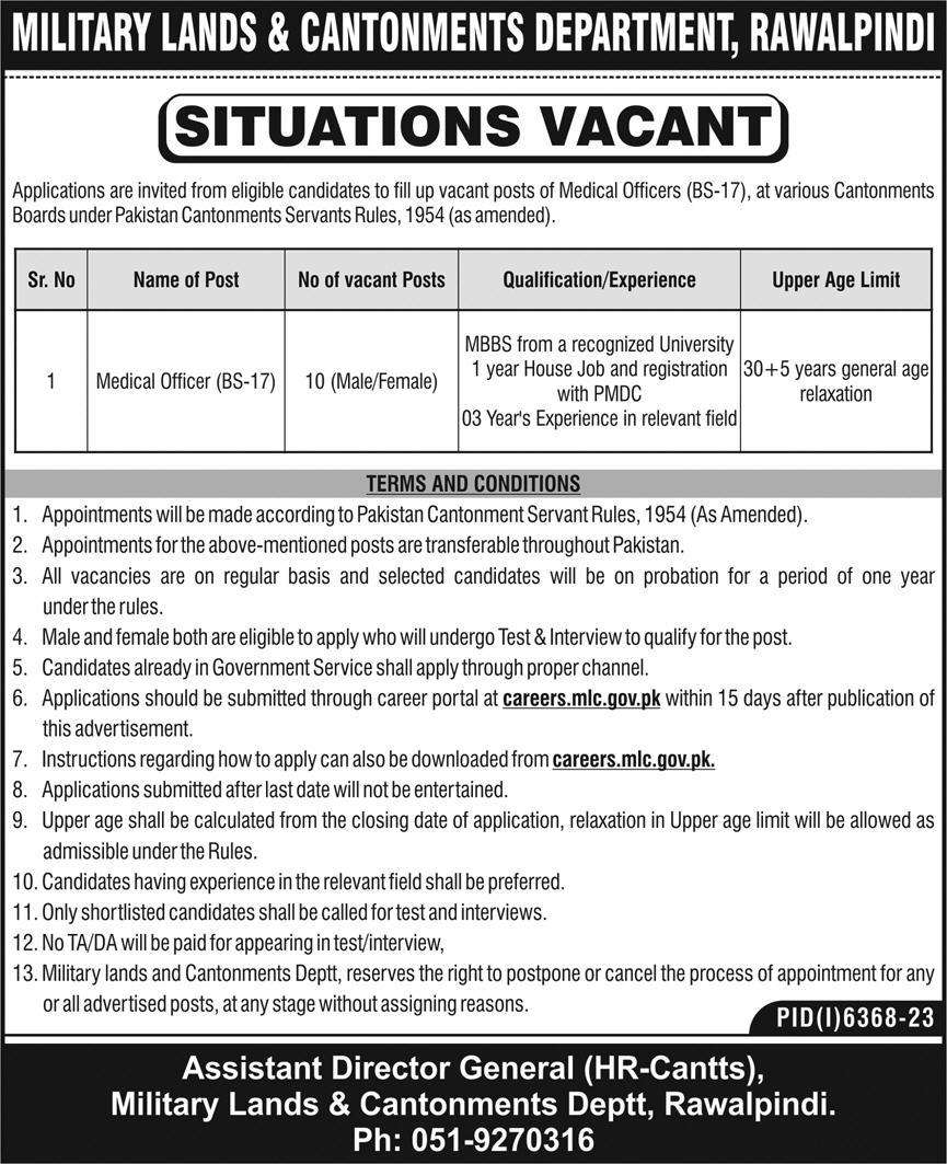 Vacancies in Military Lands & Cantonments Department Rawalpindi