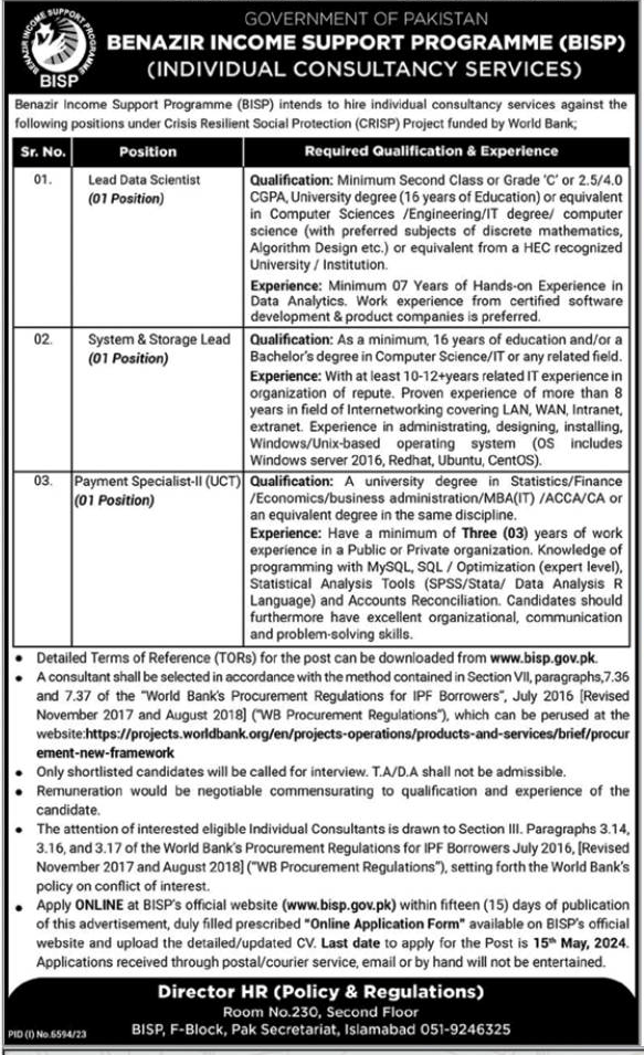 BISP Project Based Vacancies 2024