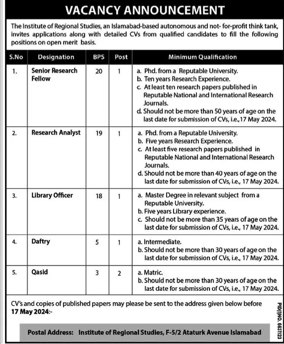 New Job Vacancies in Institute of Regional Studies Islamabad 2024
