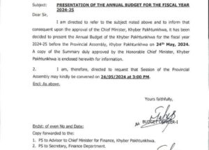 Notification of Announcement Budget 2024-25 on 24th May 2024 for KPK