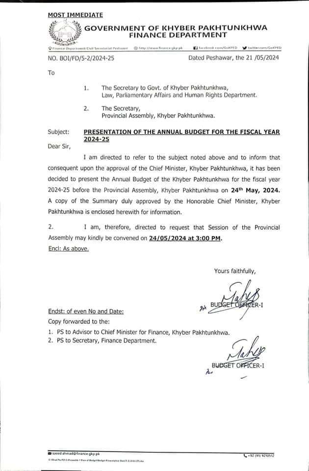 Date of Announcement Budget 2024-25 on 24th May 2024 for KPK