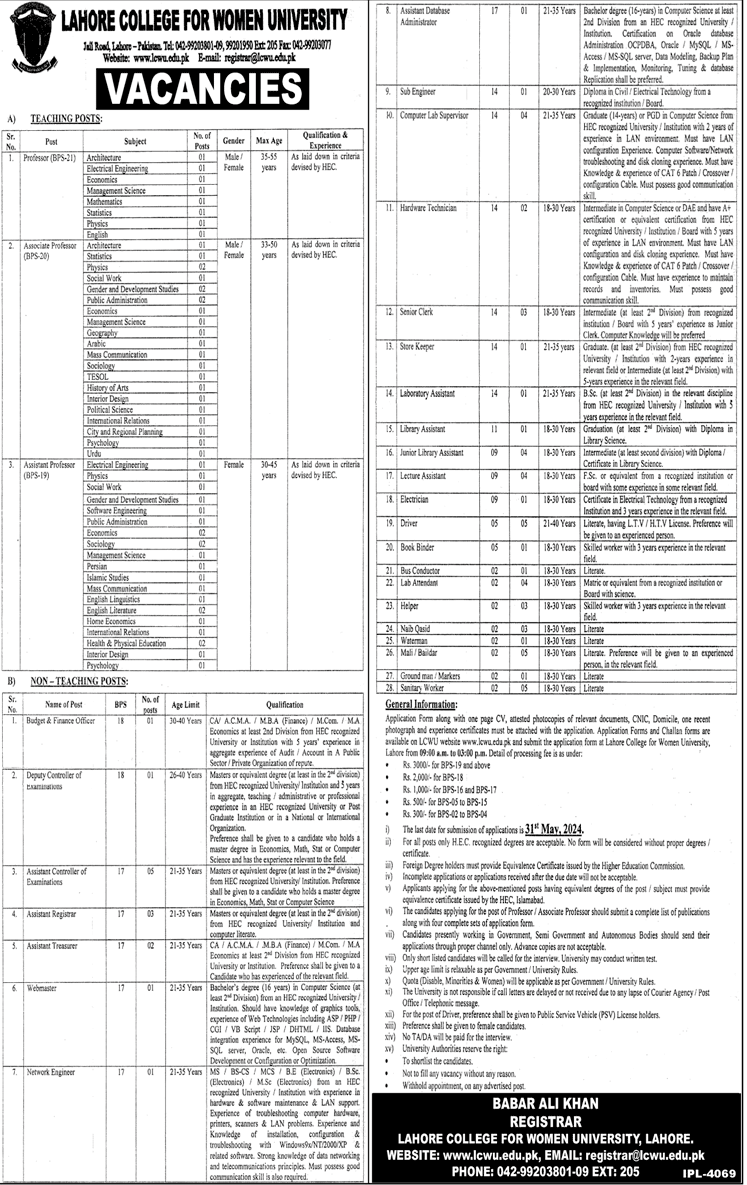 LCWU Teaching and Non-Teaching Vacancies 2024