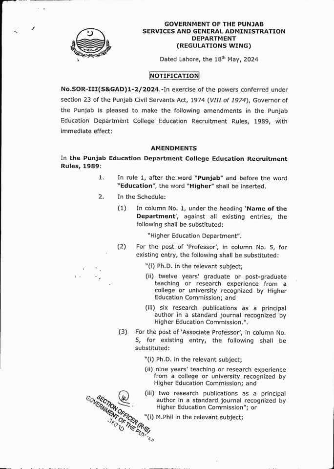 Notification Amendment Rules Professors and Associate Professors HED Punjab 2024