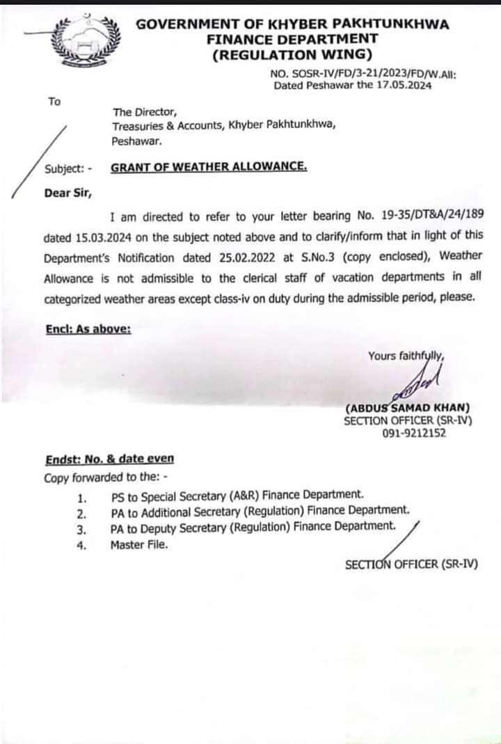 Notification Clarification Weather Allowance to Govt Employees of KPK