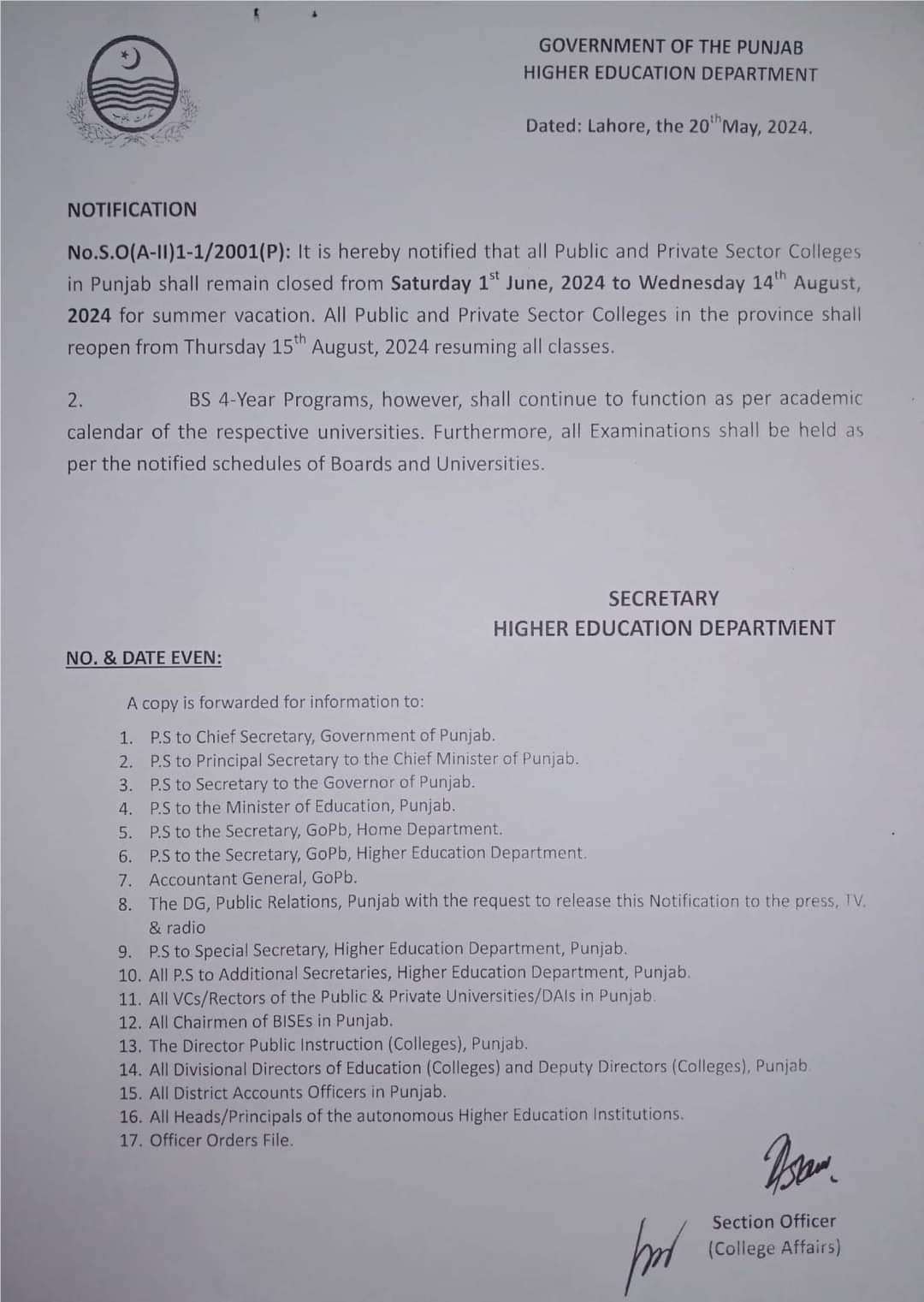 Notification Summer Holidays (Vacation) 2024 Government and Private Colleges Punjab