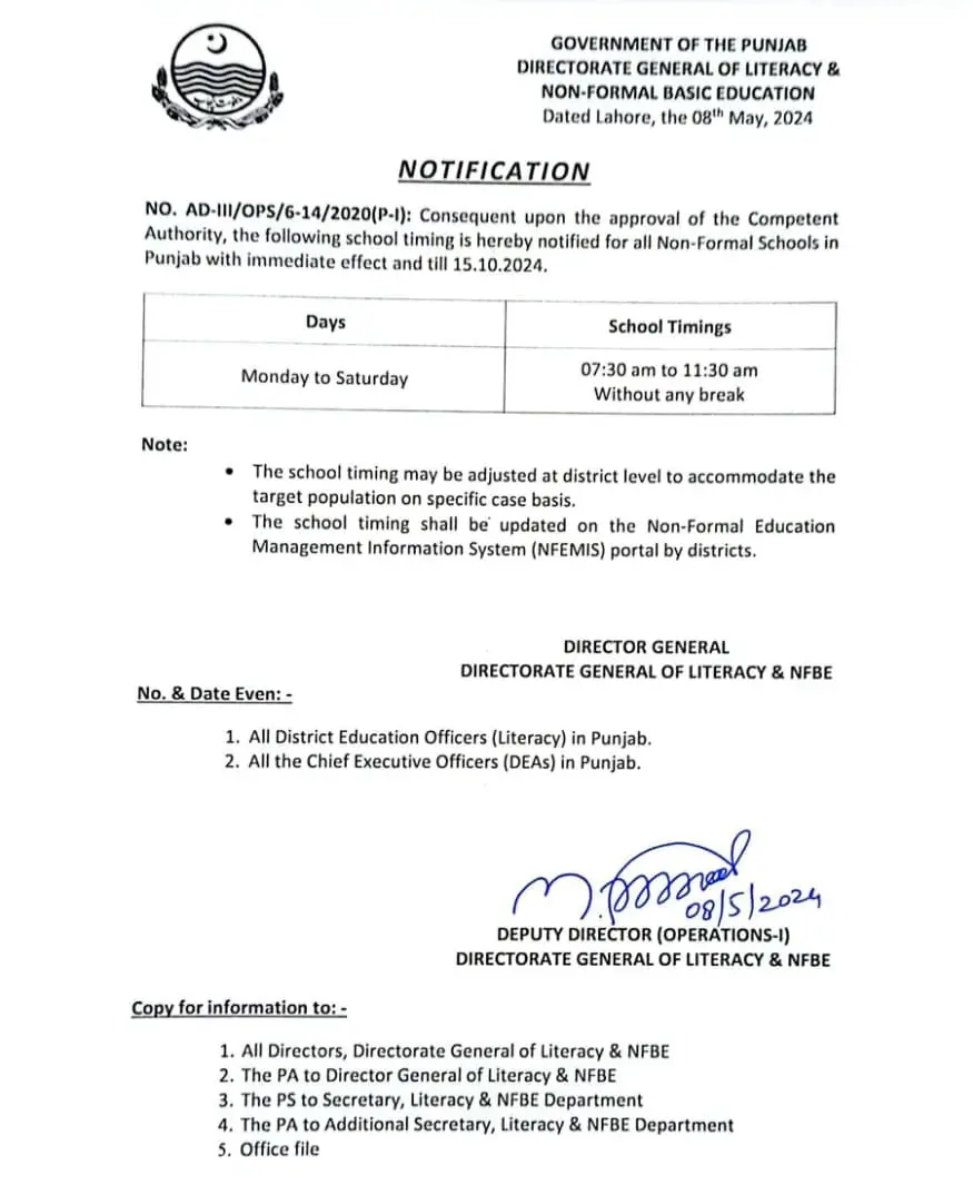 Notification of Revised School Timings Punjab for Non-Formal Schools 2024 May