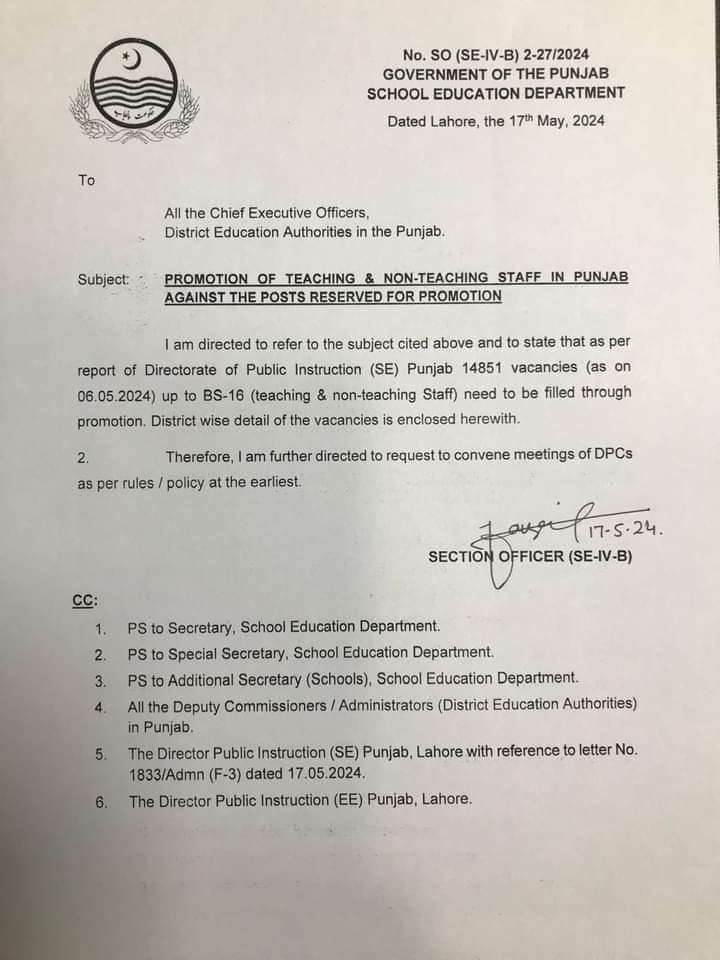 Promotion of Teaching and Non-Teaching Staff in Punjab 2024