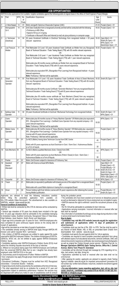 Regular Vacancies in WAPDA May 2024