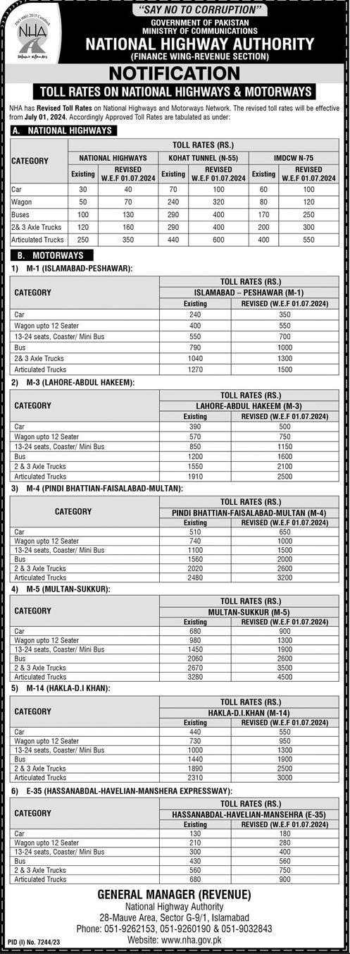 Revised Rates Tools Rates 2024 on National Highways & Motorways