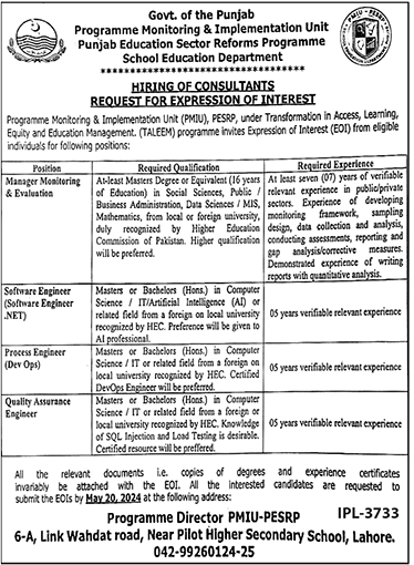 School Education Department (SED) Vacancies for Consultants 2024