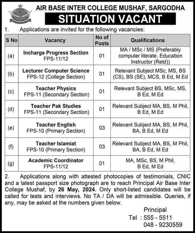 Teaching Vacancies in Air Base Inter College Mushaf Sargodha 2024
