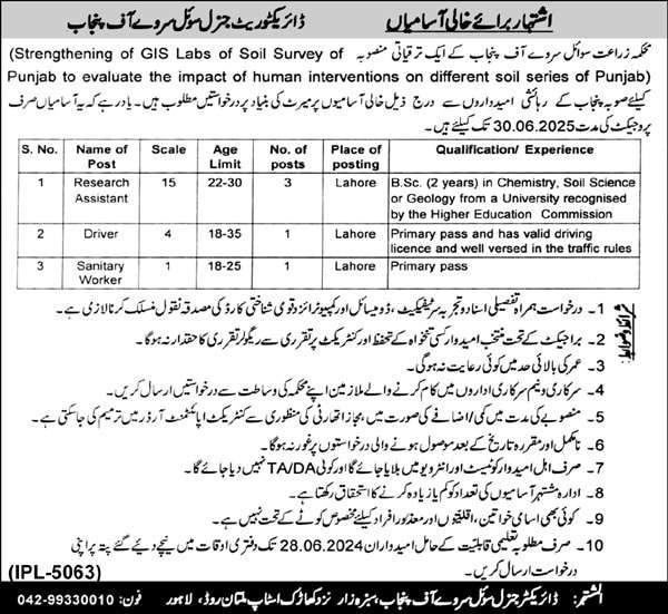 The Latest Vacancies in DG Soil Survey of Punjab 2024