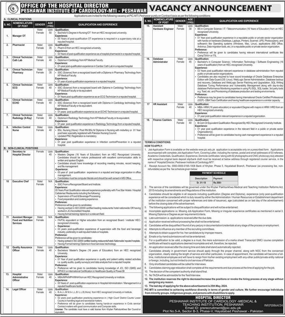 The Latest Vacancies in Peshawar Institute of Cardiology MTI 2024