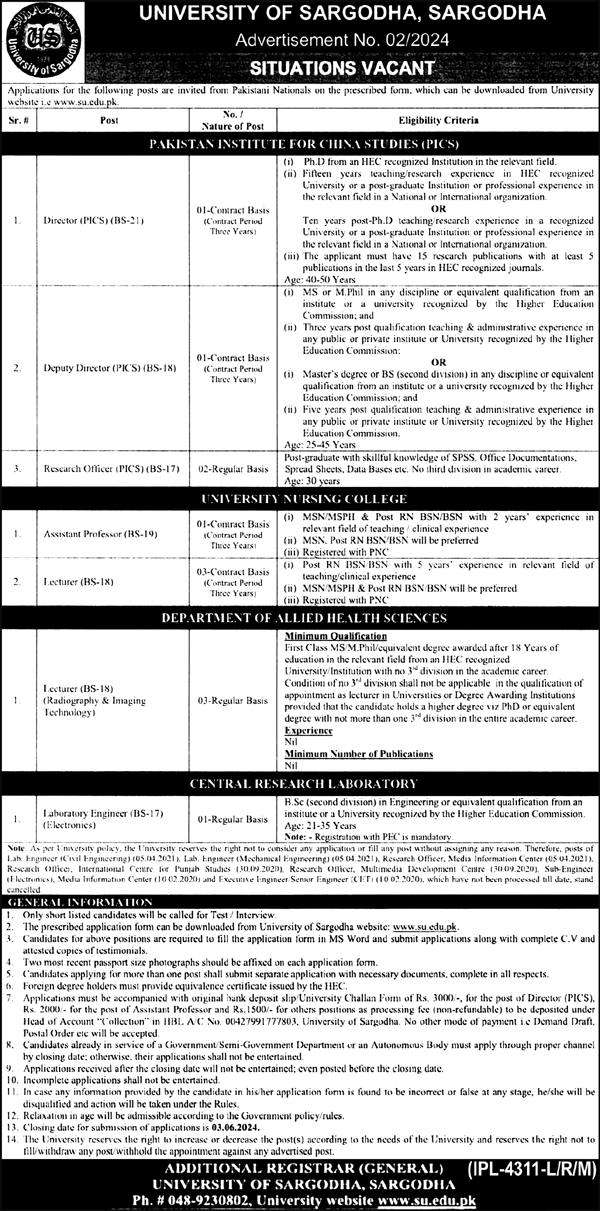 The Latest Vacancies in University of Sargodha 2024