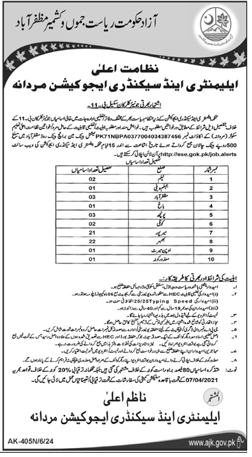 Junior Clerks (BPS-11) Vacancies in Education Department AJK 2024 