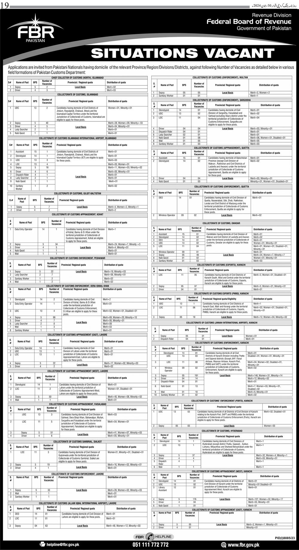 BPS-01 to BPS-15 Vacancies in FBR July 2024