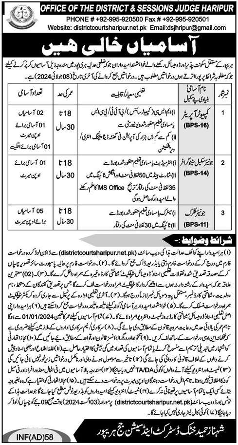 BPS-11 to BPS-16 Vacancies District Judiciary Haripur 2024